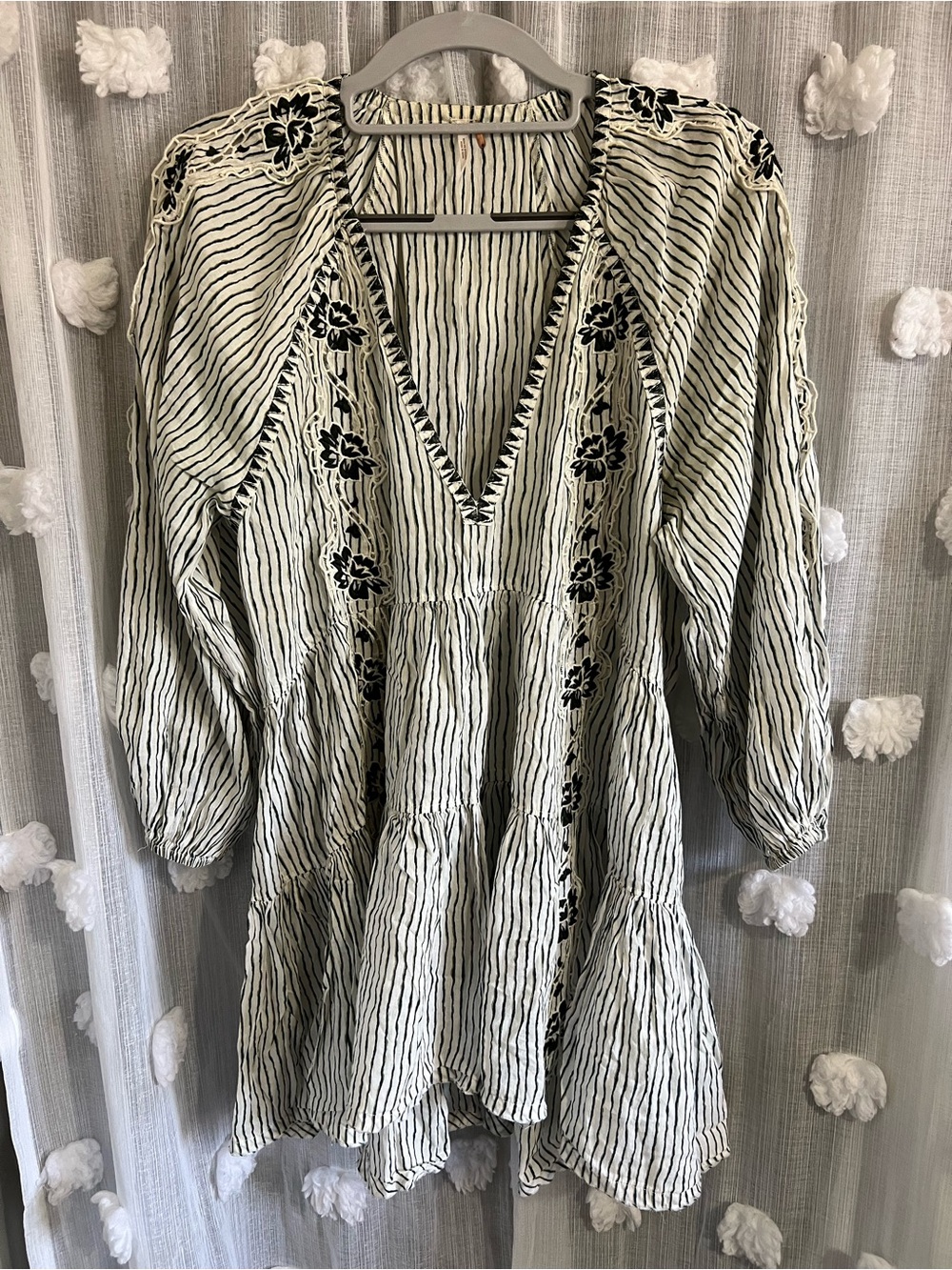 Free People Black Floral Embroidered Cream Stripe V-Neck Tunic